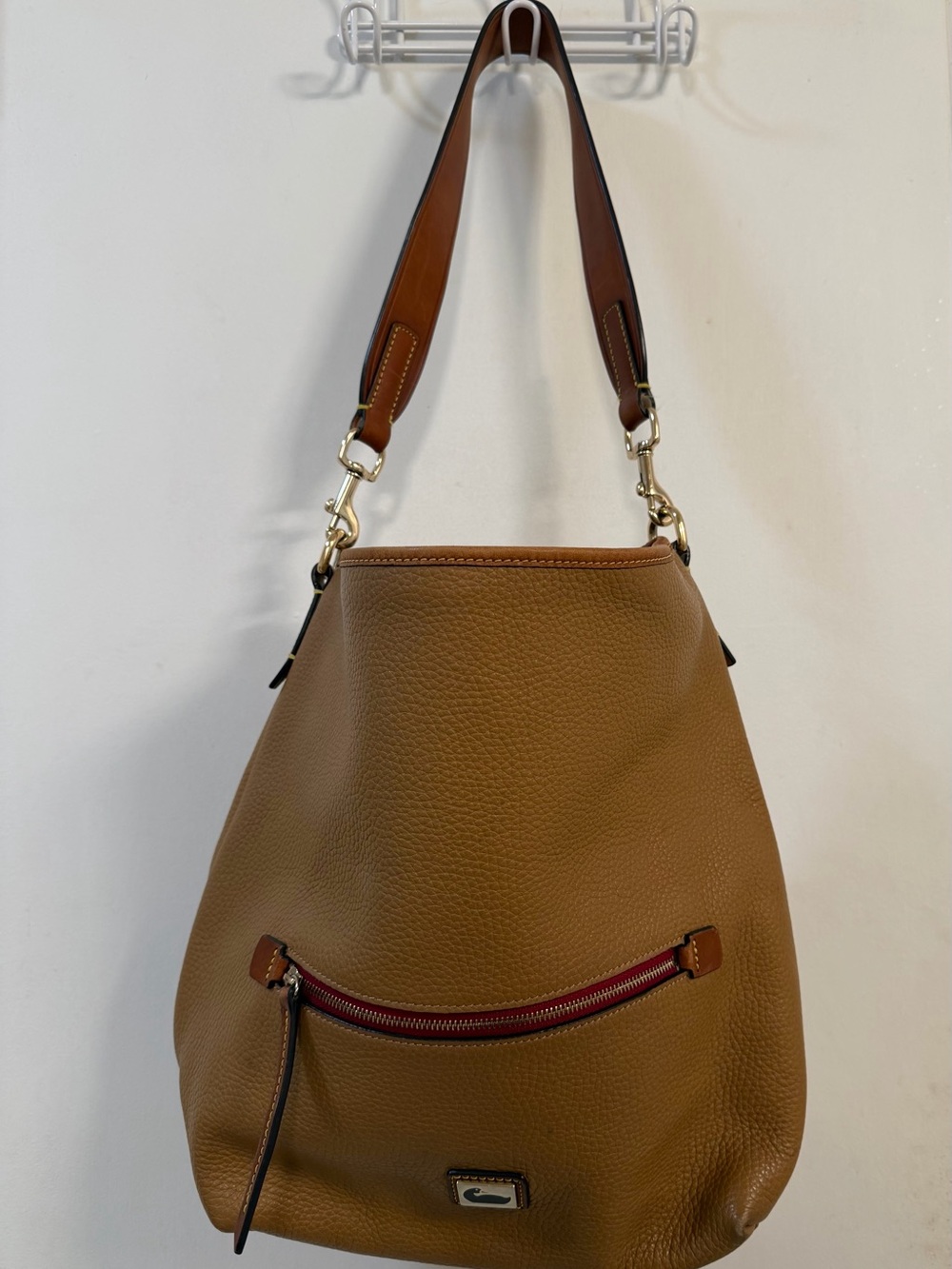 Dooney & Bourke Brown Pebbled Leather Hobo with Red Zip Accent